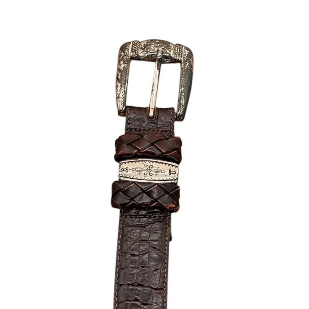 Brighton Womens Dark Brown Croc Embossed Leather Western Belt‎ Silver Buckle M